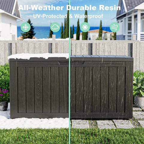 Outdoor Resin Storage Deck Box Lockable And UV Resistant 85 Gallon Bin Weatherproof with snow and sunshine division