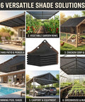 Collage showcasing Fifty Percent Shade Cloth For Garden And Patio Sun Shade Netting over patio, garden, coop, pool, carport, and nursery.