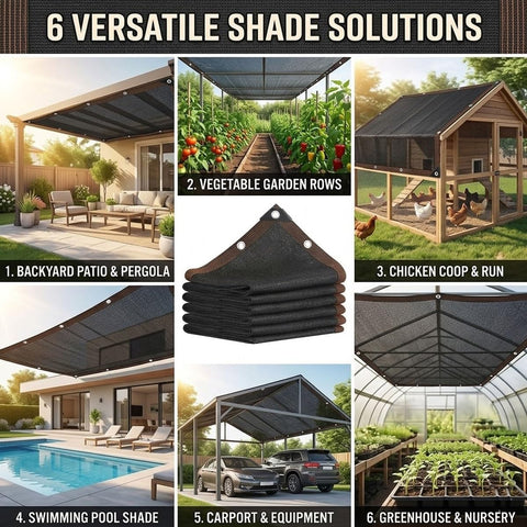 Collage showcasing Fifty Percent Shade Cloth For Garden And Patio Sun Shade Netting over patio, garden, coop, pool, carport, and nursery.
