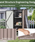 Vertical Outdoor Storage Cabinet Shed With Floor, space saving design, open view showing two adjustable shelves, brown panel
