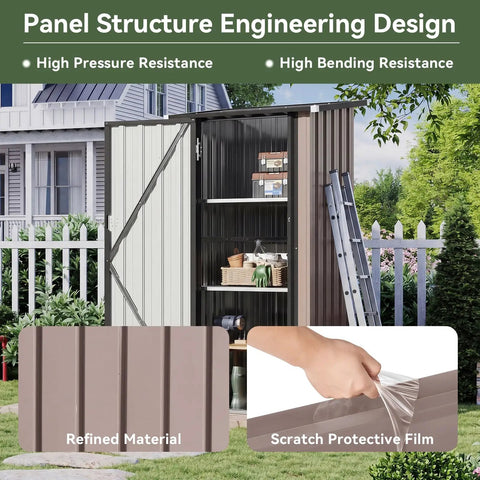 Vertical Outdoor Storage Cabinet Shed With Floor, space saving design, open view showing two adjustable shelves, brown panel