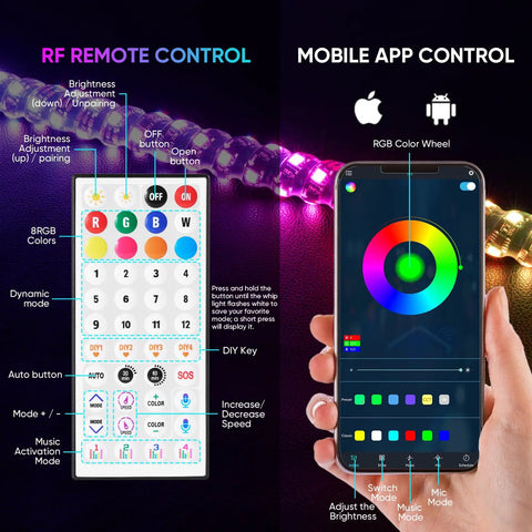 2 Pack 3ft LED Whip Light And 4 Rock Light Combo Kit RF remote and mobile app control features