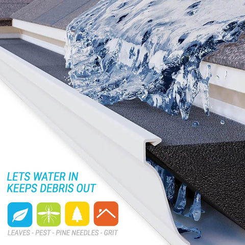 Gutter Guard Foam Filter For 4 Inch K Style Gutters No Fuss Easy DIY Install Year Round Leaf Protection Keeps Water Flowing Eight 4 Inch Pieces Pack Durable Debris Shield installed with water flowing through.