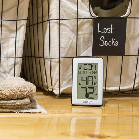 Indoor Temperature Station with Humidity Alerts for Home Comfort Real Time Temp and Humidity Readouts on wooden surface