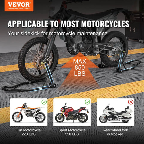 Beefy 850 Lb Front And Rear Motorcycle Stand Lift With Combo Fork Wheel Stand holding motorcycle on display floor
