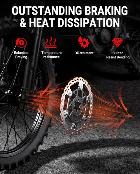 Beefy 220mm Front Disc Brake Rotor With 6-Hole Mount showing heat dissipation in MTB e-bike wheel for Talaria Sur Ron Segway