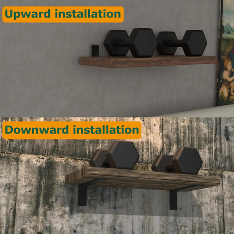 Rock Solid Heavy Duty Shelf Brackets Matte Black Floating L Brackets, 18x6 inch, showing upward and downward mounting options.