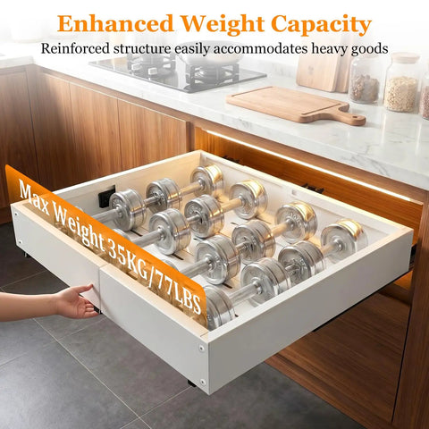 Built Tough Pull Out Cabinet Organizer For Kitchen, No Fuss Mounting With Ultra Strong Adhesive For Pots Pans Spices, Smooth Gliding Expandable Drawer Shelves, Heavy Duty 2 Pack showcasing a heavy-duty organizer with high weight capacity.