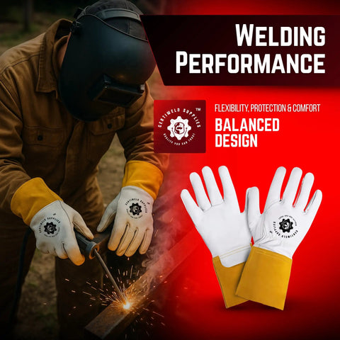 Heavy-Duty Leather Welding Gloves With Extended Cuff For Full Forearm Protection, heat-resistant goatskin work gloves in welding action
