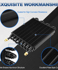 Sixteen Pass One Half Inch Transmission Cooler With Eight AN Tube Fin Aftercooler in black, highlighting corrosion-resistant aluminum.