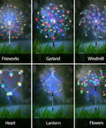 Image of Six Pack Solar Firework Garden Lights With Remote 120 LED Copper Wire Decor, showcasing various shapes like fireworks and hearts.