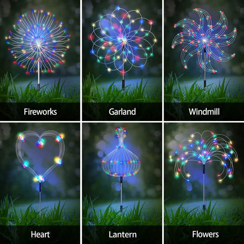 Image of Six Pack Solar Firework Garden Lights With Remote 120 LED Copper Wire Decor, showcasing various shapes like fireworks and hearts.