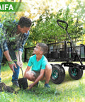 Heavy Duty Steel Garden Cart Workhorse With Detachable Side Panels That Convert To Flatbed For Yard And Farm Use 880 Lbs Capacity Metal Wagon With 180 Degree Rotating Handle Black, in garden use