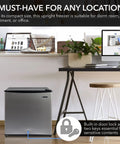 Compact Upright Freezer With Secure Lock, 1.1 Cu Ft Stainless Steel Mini Icebox for home office use with door lock and keys.