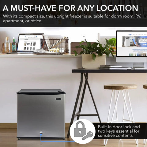 Compact Upright Freezer With Secure Lock, 1.1 Cu Ft Stainless Steel Mini Icebox for home office use with door lock and keys.