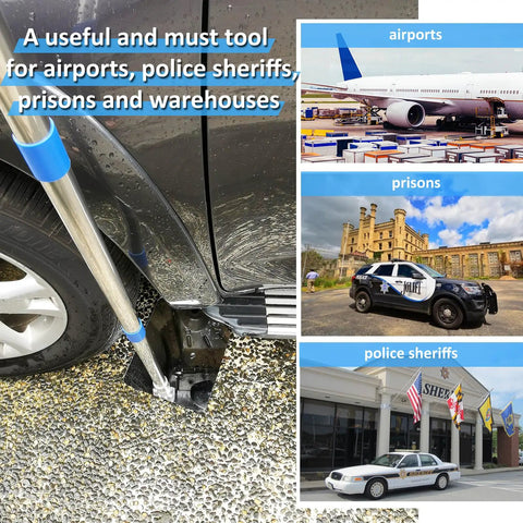 Under Vehicle Inspection Mirror With Three Quarter Inch Extendable Threaded Poles Beefy Build in use at checkpoint