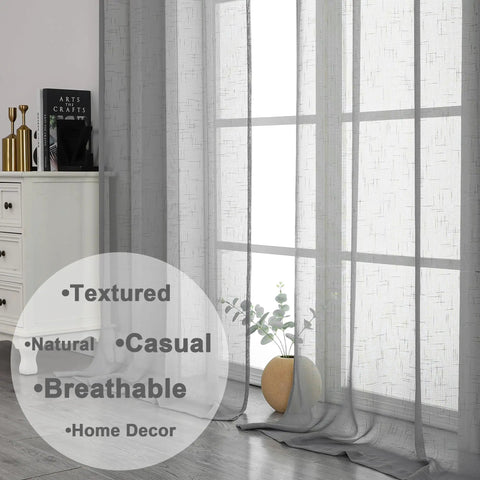 Gray Faux Linen Sheer Curtains Set, 2 Panels Each 40x96 Inches, light filtering rod pocket drapes in farmhouse living room