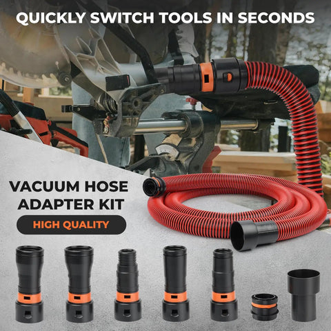 Seven Piece Vacuum Attachment Adapter Set For Universal Vacuum Cleaners With One And Two Thirds Inch, One And One Third Inch, One Inch, Zero Point Nine Inch, One Quarter Inch And One Three Quarters Inch Fittings For Central Vacuum And Handheld Tools displayed with red hose and fittings.