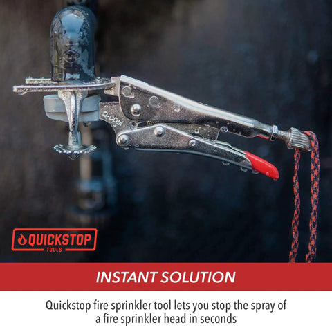 Emergency Fire Sprinkler Shutoff Wrench showcasing a grip lever on a fire sprinkler head stopping water spray.
