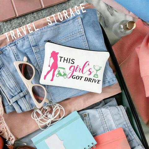 Inspirational golf-themed zipper pouch on packed suitcase with sunglasses and charger; 30 Pack Golf Gift Bags And Cosmetic Pouches For Women