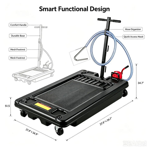 Heavy Duty 17 Gallon Low Profile Oil Drain Pan With Hand Pump Hose For Auto Shop Garage Fluid Collection Tank with wheels and hose organizer.