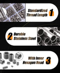 1150 Piece Stainless Steel Set Screws Assortment Kit with 26 metric and SAE sizes, inner hexagon head, thread length