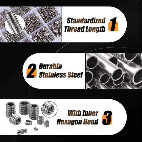 1150 Piece Stainless Steel Set Screws Assortment Kit with 26 metric and SAE sizes, inner hexagon head, thread length