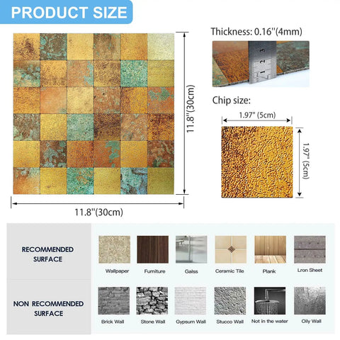 Peel And Stick Backsplash Tile Pack For Kitchen Fireplace And Bathroom In Rust Copper Plaid Retro Copper Style Five Sheets with sizes and surfaces