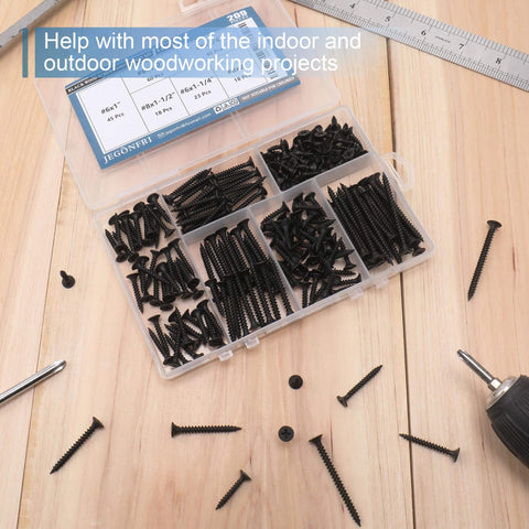 Six Size Black Wood Screws Kit With 209 Pieces For Wood And Drywall Projects in organizer case on wooden surface