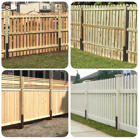 Two Pack Heavy Duty Fence Post Repair Kit With Black Powder Coated Post Anchors installed on various wooden fences