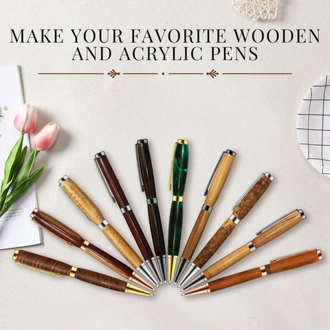 Slick 10 Piece Wood Turning Pen Kit With 7 Millimeter Slimline Twist Refills And Bold Assorted Colors, showcasing vibrant pens.