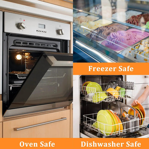 Collage showing safe use of kitchen appliances: oven-safe pan, freezer-safe ice cream, and dishwasher-safe dishes.