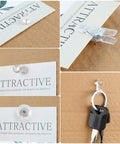 235 Piece Push Pin And Thumb Tack Assortment Kit With Clear Clips showing clip tacks holding a card with keys on a cork board.