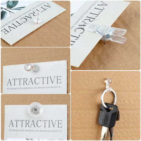 235 Piece Push Pin And Thumb Tack Assortment Kit With Clear Clips showing clip tacks holding a card with keys on a cork board.