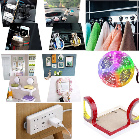 Heavy Duty Double Sided Mounting Tape 1 Inch By 16.5 Feet PE Foam Waterproof Adhesive For Wall Art Pictures And Posters Removable Yet Strong Hold Paint Safe No Nails Needed For Quick Clean Hangs in a collage with LED strip lights, power strip, auto phone holders, towel hooks, and decorative frames.