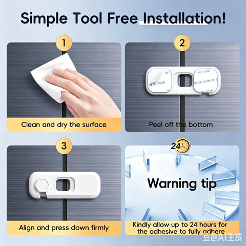 Simple installation of 2 Pack Fridge Locks For Kids Kid Safe Refrigerator And Freezer Door Locks With Self Adhesive Pads