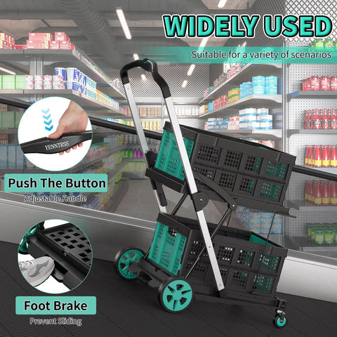 8 In 1 Collapsible Shopping Cart With 350 Lb Capacity in supermarket, showing adjustable handle and foot brake.