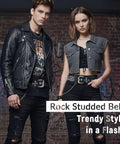 Two models wearing Dope Rivet Belt With Pyramid Studs For Men And Women Gothic Punk Style Black Belt Made From Premium Artificial Leather
