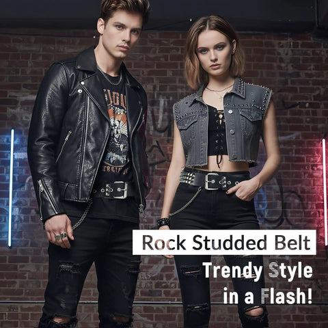 Two models wearing Dope Rivet Belt With Pyramid Studs For Men And Women Gothic Punk Style Black Belt Made From Premium Artificial Leather