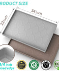 Under Sink Mat Waterproof 34 By 22 Inches Thick Silicone Kitchen Cabinet Liner And Drawer Protector Spill Proof shown in gray and brown with dimensions.