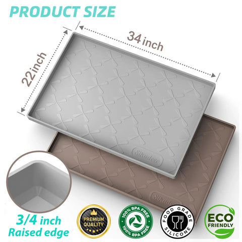 Under Sink Mat Waterproof 34 By 22 Inches Thick Silicone Kitchen Cabinet Liner And Drawer Protector Spill Proof shown in gray and brown with dimensions.