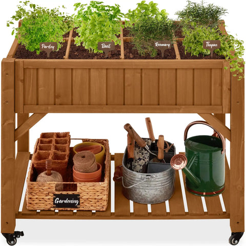 Elevated Eight Pocket Garden Bed With Locking Wheels Mobile Raised Planter in Acorn Brown, herbs growing, storage shelf with tools