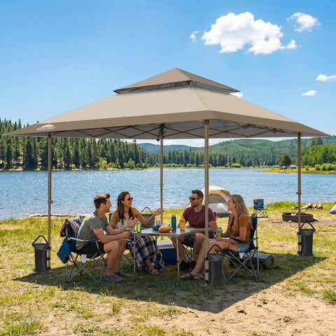 One Person Pop Up Canopy Tent With Instant Setup And Auto Extending Eaves 13 By 13 Foot Frame 169 Square Feet Of Shade Beige