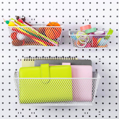 Pegboard Wire Basket Set For Hanging Wall Organization, 3 Size Bins For Pegboards And Slatwalls, White Multi Pack, front view
