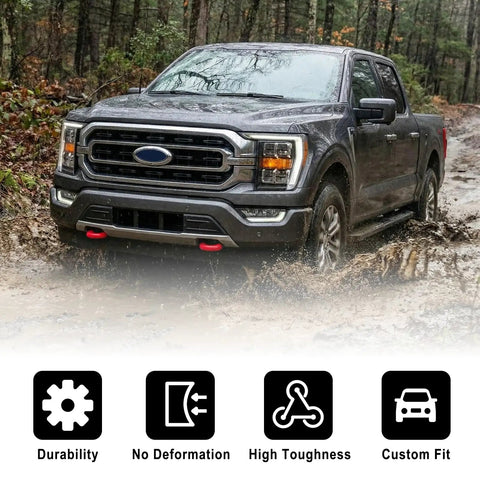 Truck with Tow Hook Cover Set 2Pcs For Ford F-150 2004-2026, Red Exterior Truck Accessories, driving through mud