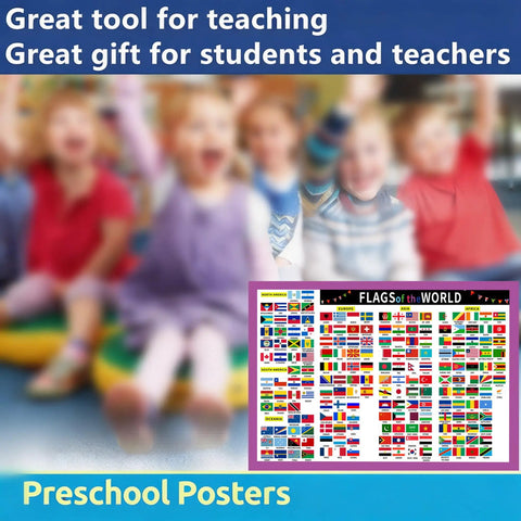World Flags Poster Laminated 17x24 Inch Dry Erase Chart For Geography Classroom And Home School Decor International Country Flags Reference Wall Art For Back To School And Student Friendly Learning shown with children in background