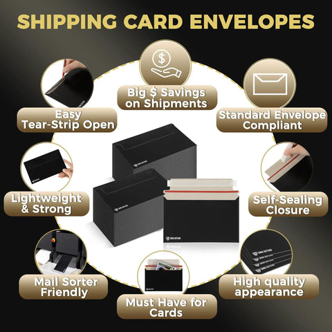 7 By 4.35 Inch Black Card Mailers For Trading Cards Self Adhesive Premium Shipping Envelopes That Fit Semi Rigid Sleeves Toploaders And Ding Defend Protectors Perfect For Hobby Card Shipping; displayed with features like easy tear-strip and self-sealing closure.