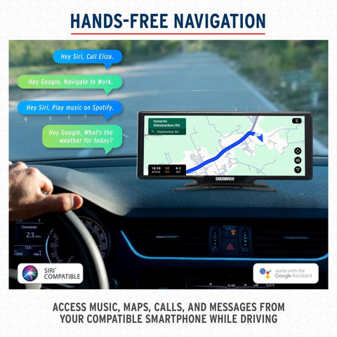 IntelliDash Pro X10 10 Inch Wireless CarPlay And Android Auto Display showing GPS navigation on a car dashboard with hands-free use.
