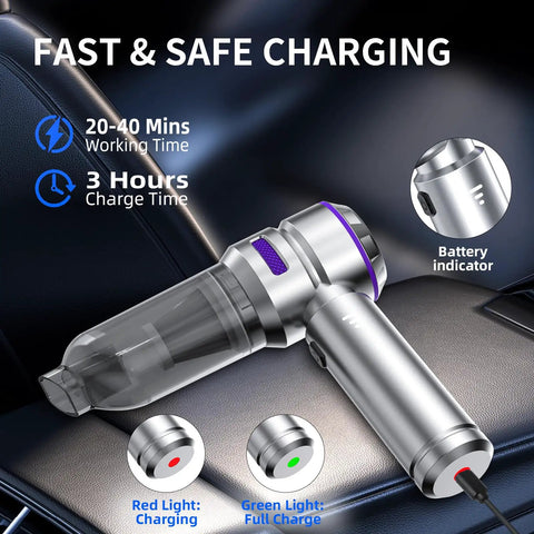 Cordless Car Vacuum Cleaner With 22000 Pa High Power Suction showing charging indicators on a car seat