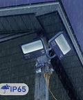 LED Flood Light 200W 24000LM 5000K Daylight IP65 Waterproof Outdoor Floodlights mounted on building corner in rain